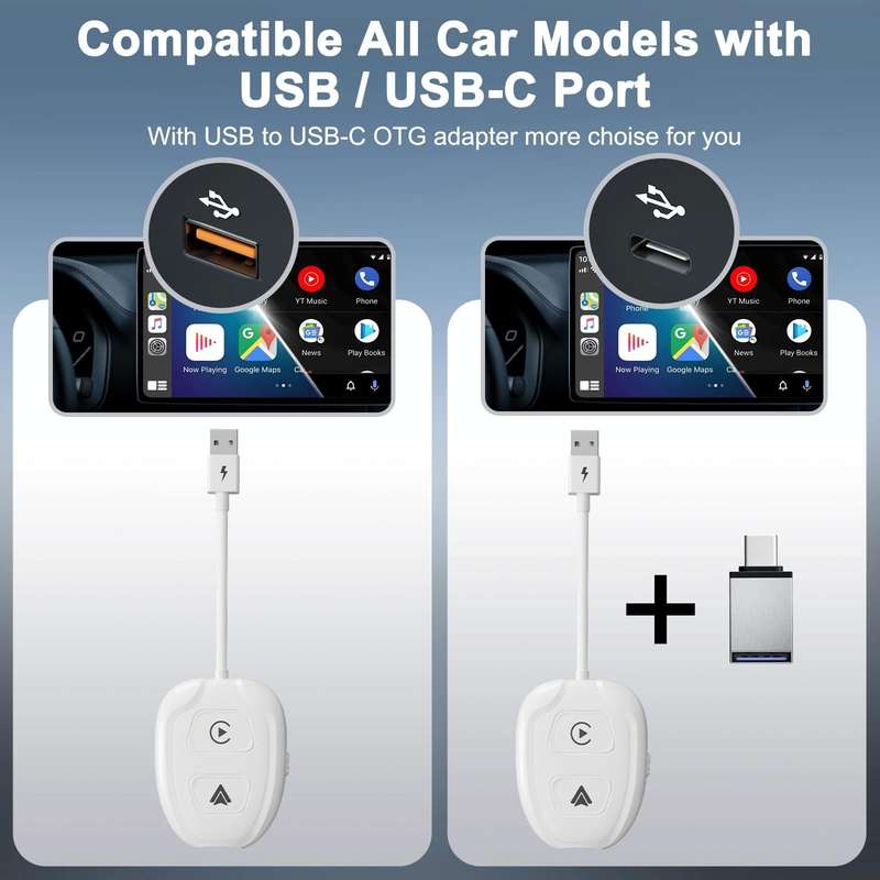 THT-020-9-1 USB + USB-C / Type-C Wired to Wireless Carplay / Android Auto Adapter(White)