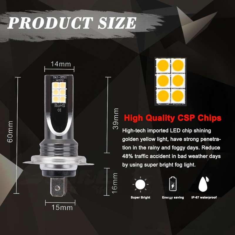 2 PCS H7 DC12V-24V / 12W / 3000K / 800LM 12LEDs SMD-3030 Car LED Fog Light (Yellow Light)