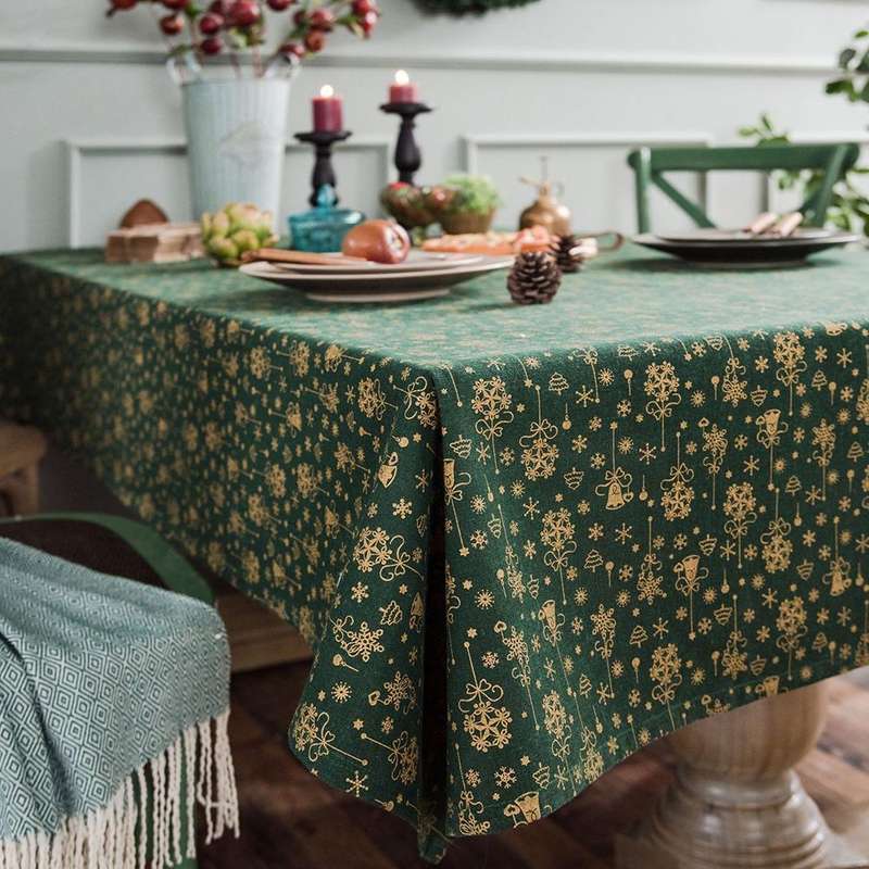 Linen Cotton Christmas Party Tablecloth Rectangle Bronzing Dinning Table Cover, Size:90x90cm(Green)