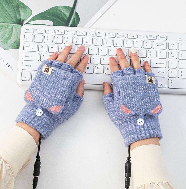 Winter Office USB Heating Warm Half Finger with Cover Gloves Heated Pad, Size: Free Size(Blue)