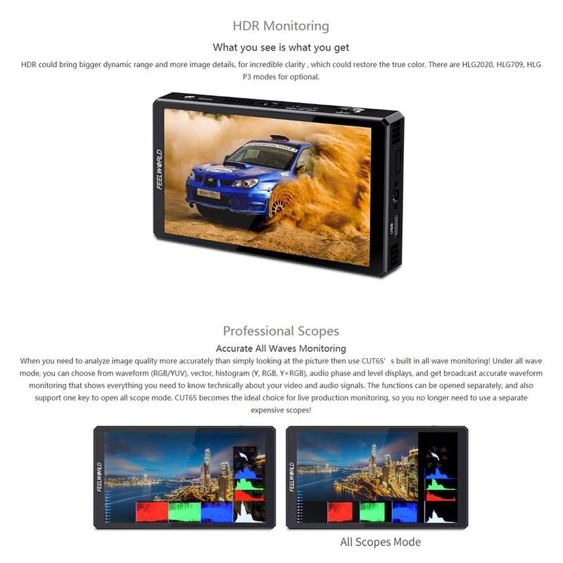 FEELWORLD CUT6S 6-inch Touch Screen Monitor Recorder FHD IPS 4K HDMI 3G-SDI Camera Field Monitor ...
