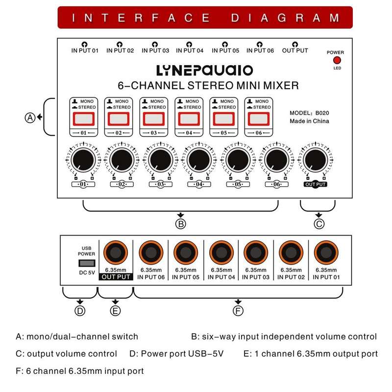 B020 Mini 6-Channel Stereo Audio Mixer Musical Instrument Mixer Electric Wind Electric Guitar Ele...