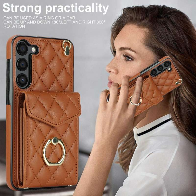 For Samsung Galaxy S23 5G Rhombic Texture Card Bag Phone Case with Long Lanyard(Brown)