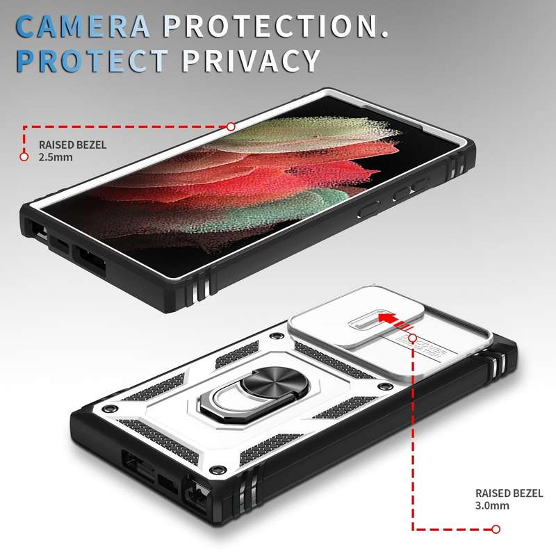 For Samsung Galaxy S24 Ultra 5G Sliding Camshield TPU + PC Phone Case with Holder(White+Black)