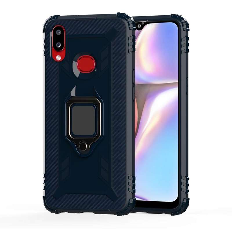 For Galaxy A10s Carbon Fiber Protective Case with 360 Degree Rotating Ring Holder(Blue)