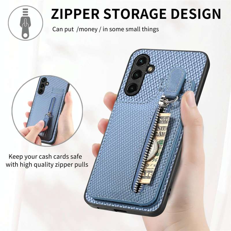 For Samsung Galaxy A14 5G Carbon Fiber Vertical Flip Zipper Wallet Phone Case(Black)