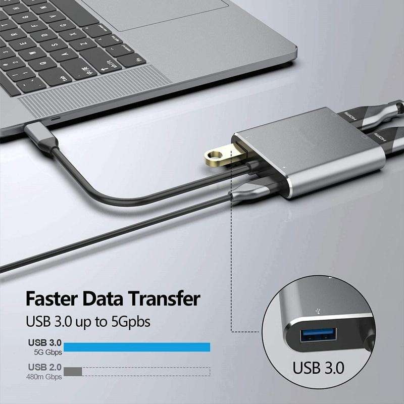 ZS-SG4T1HD2 4-in-1 Type-C to Dual HDMI + USB 3.0 Port + Type-C PD Charging Port Multi-functional ...