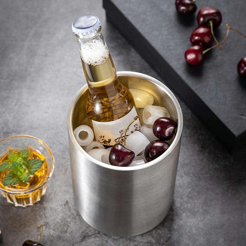 Large Capacity Thickened Stainless Steel Round Ice Bucket Bar Double-Layer Champagne Beer Barrel(...