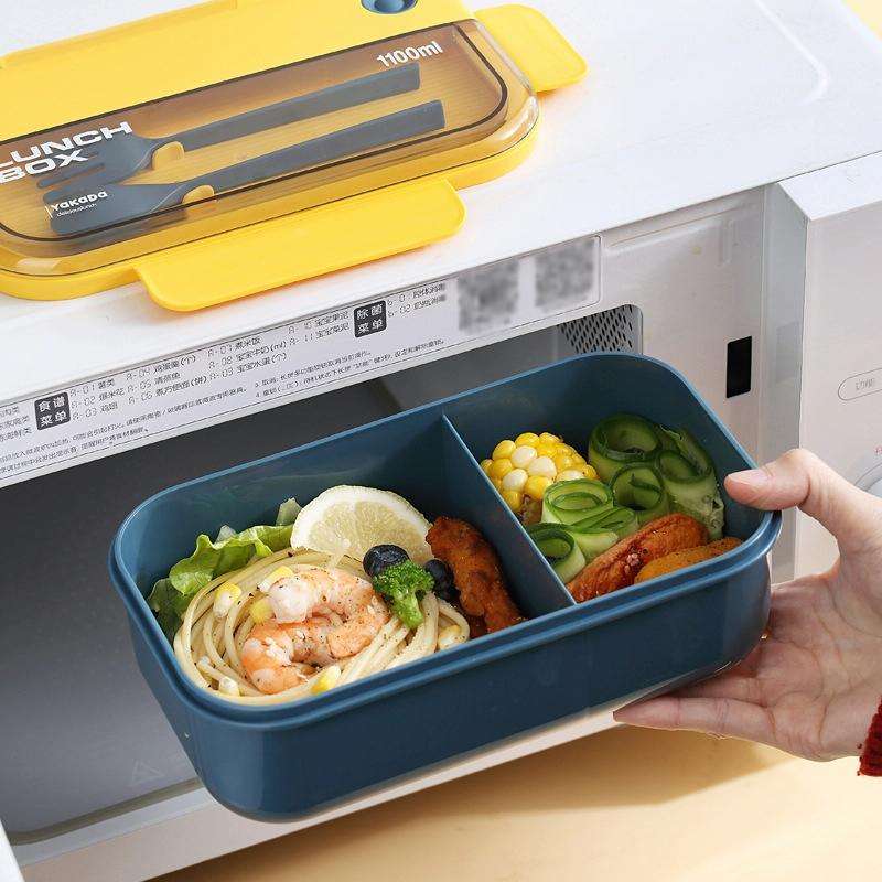 Plastic Compartment Lunch Box Microwaveable with Tableware(1.1L Blue)