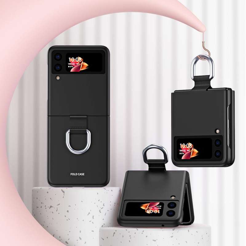 For Samsung Galaxy Z Flip3 5G Skin Feel Folding Phone Case with Drawstring Key Chain(Black)