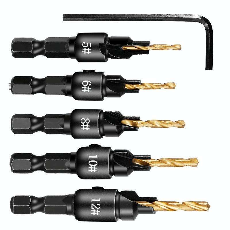 5 PCS/Set Countersink Woodworking Drill Bit Set Hexagon Screw Hardware Tool(Silver)