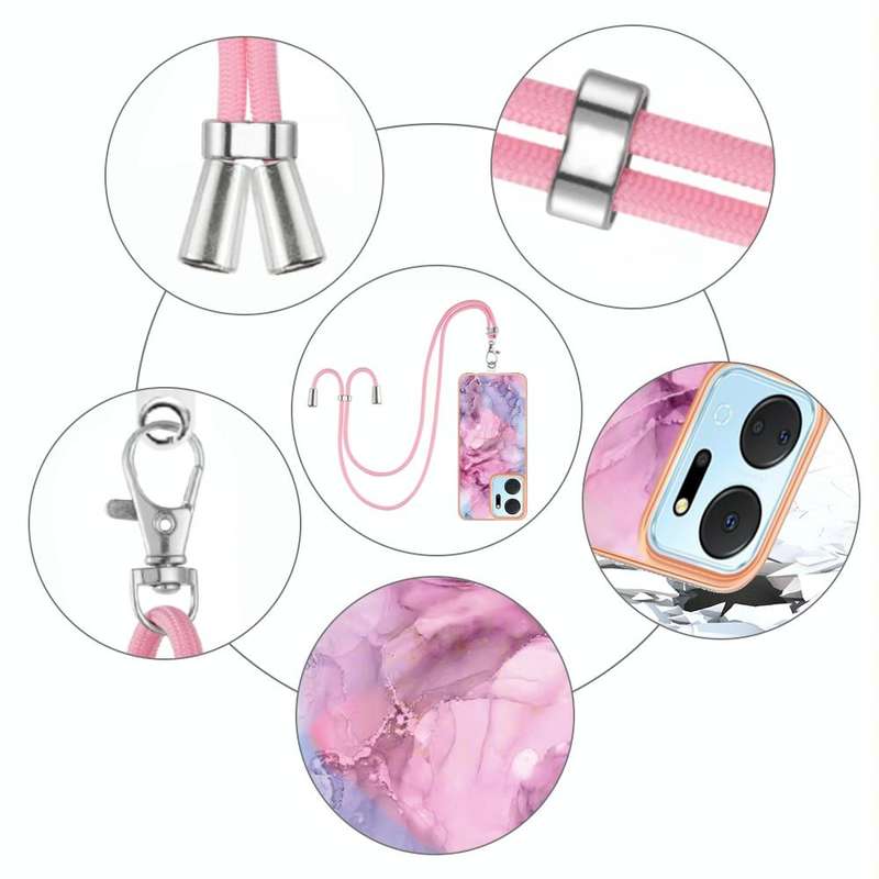 For Honor X7a Electroplating Marble Dual-side IMD Phone Case with Lanyard(Pink 013)