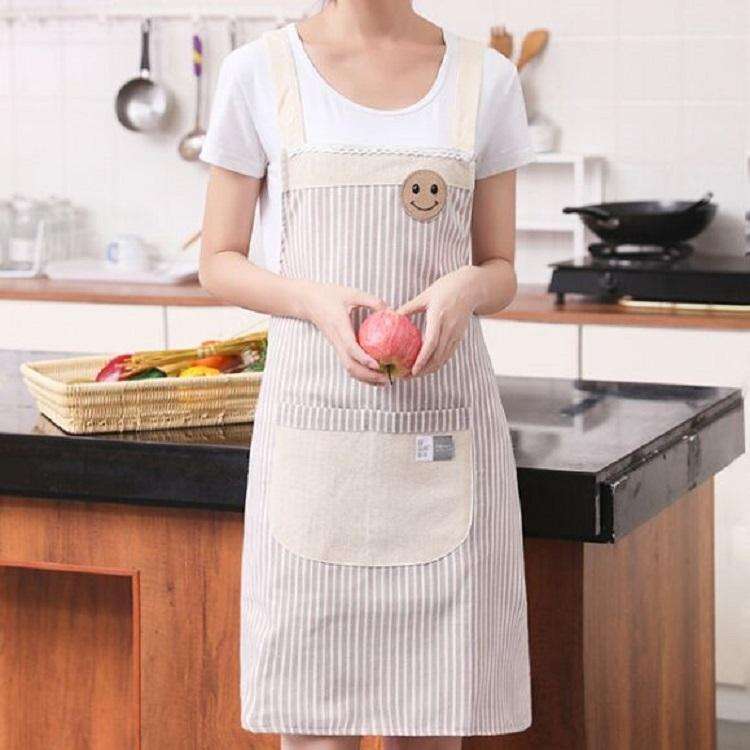 Cotton Linen Smiley Face Design Simple Waterproof Striped Work Apron(Beige)