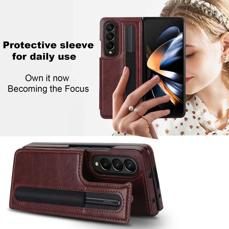 For Samsung Galaxy Z Fold3 Full Coverage Fold Double Buckle PU Phone Case with Pen Slots(Brown)