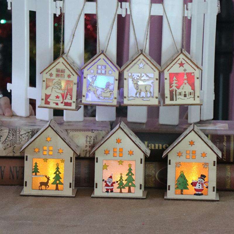 Christmas Luminous Wooden House Christmas Tree Decorations Hanging Ornaments DIY Gift Window Deco...