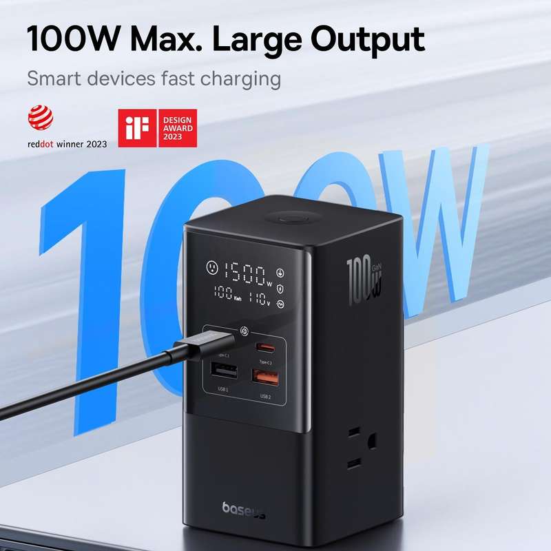 Baseus PowerCombo Tower Power Strip 3xAC+2xType-C+2xUSB 100W with 1.5 Power Cord, JP Plug(Black)