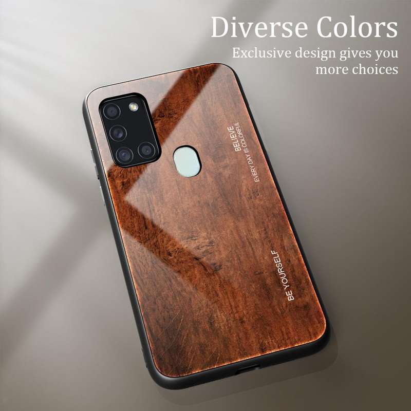 For Samsung Galaxy A21s Wood Grain Glass Protective Case(M02)