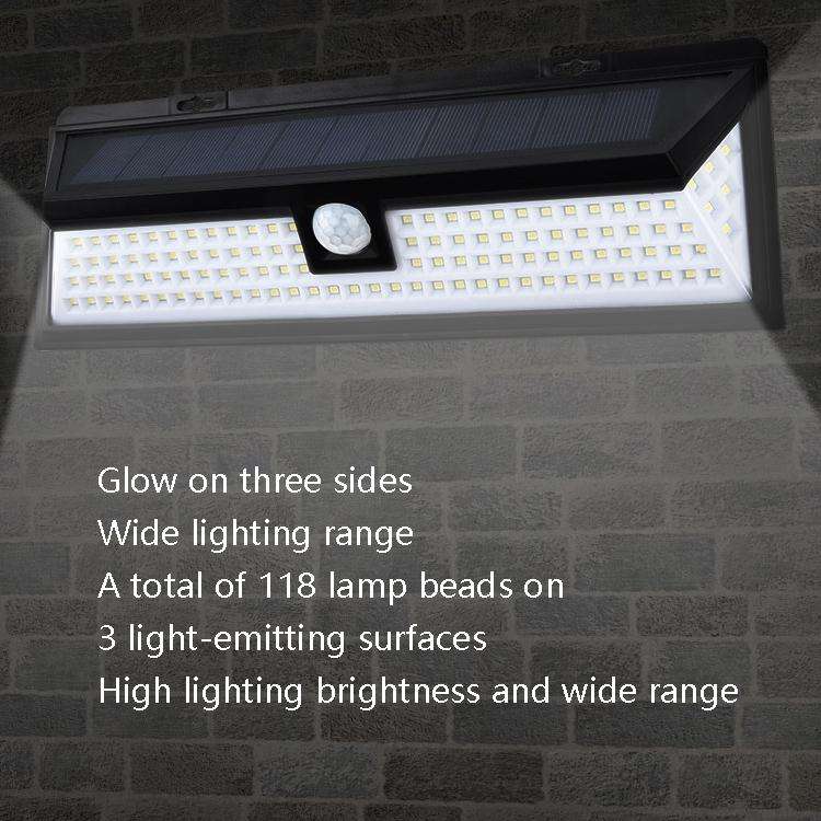 TG-TY00401 118 LED Solar 3-Sides Floodlit Motion Sensing Wall Light Outdoor Garden Corridor Stree...