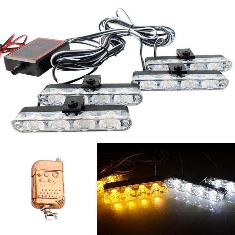 4 in 1 Car 16LEDs Grille Flash Lights Warning Lights with Wireless Remote Control(White Yellow)
