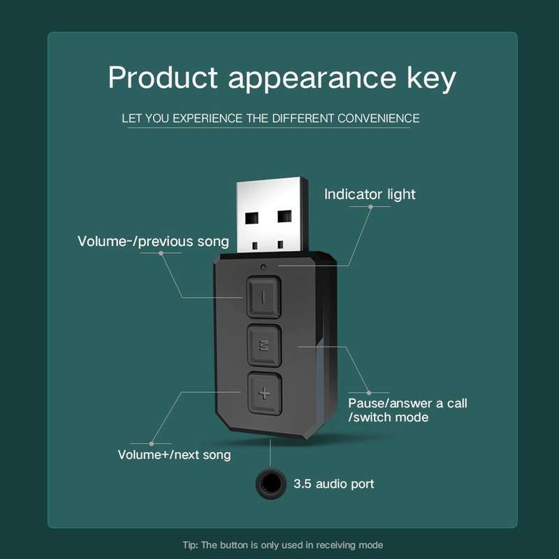 RT02 USB Bluetooth Audio Adapter Receives Transmits 2-in-1 Bluetooth 5.0 Hands-free Talk Car Blue...
