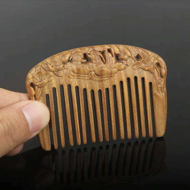8cm Mandarin Duck Green Sandalwood Retro Style Carved Portable Wooden Comb