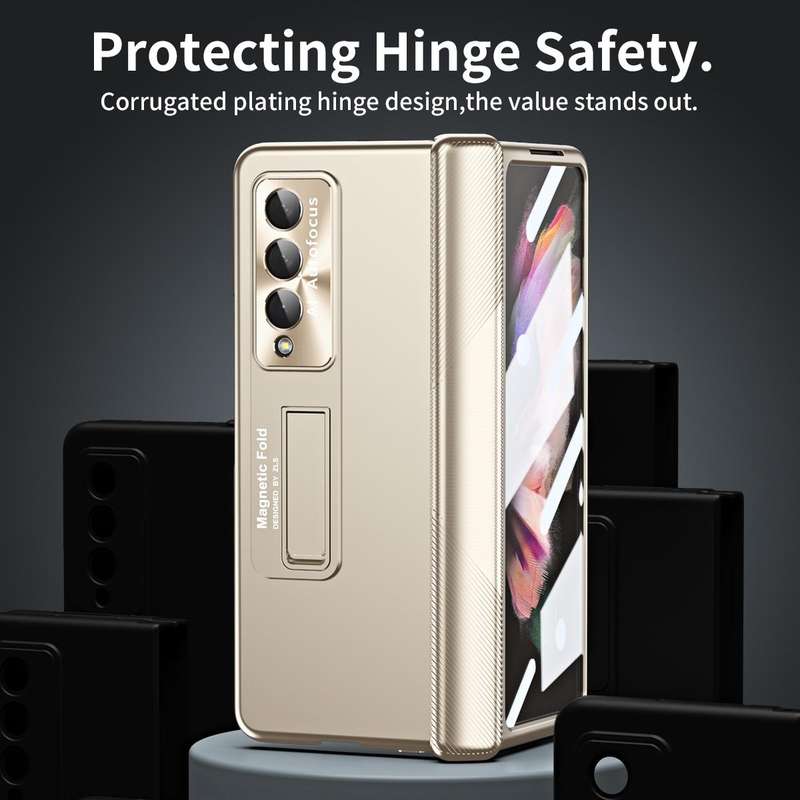 For Samsung Galaxy Z Fold3 5G Electroplating Corrugated Hinge Folding Phone Case(Champagne Gold)