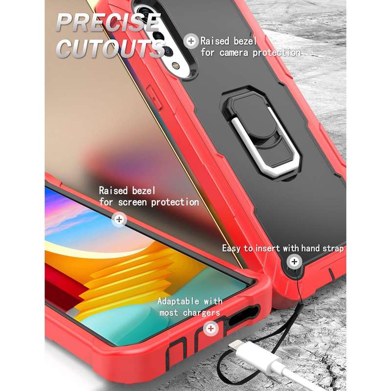 For LG Velvet PC + Rubber 3-layers Shockproof Protective Case with Rotating Holder(Red + Black)