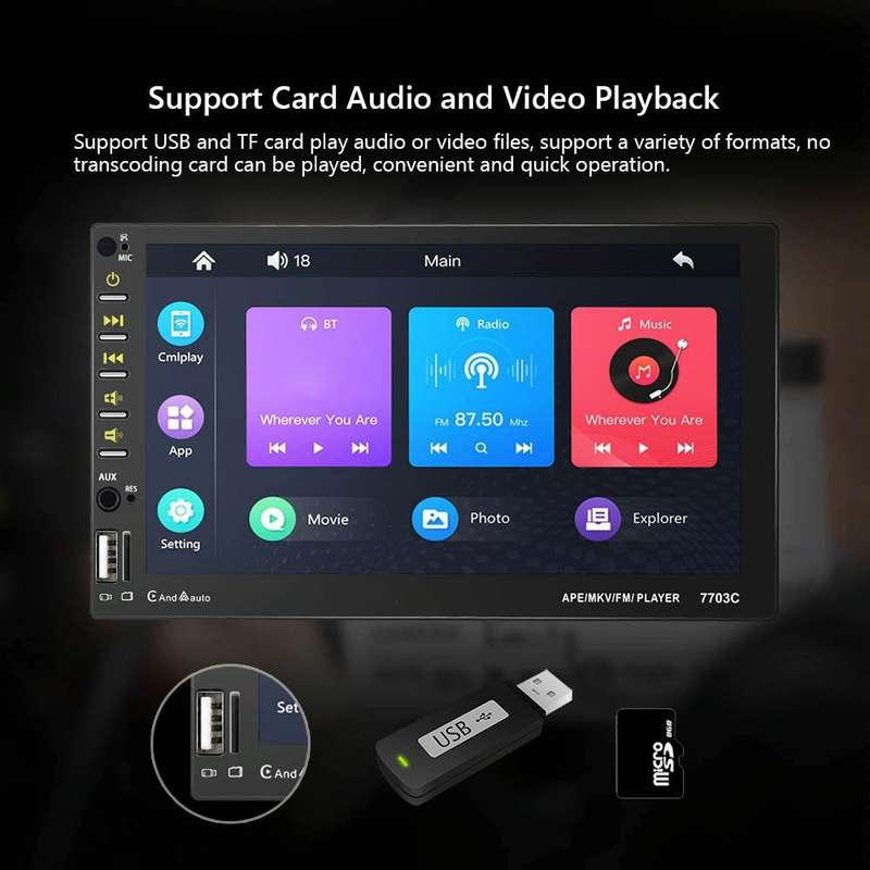 7703C 7 inch Car Double Butt Universal MP5 Bluetooth Player, Style: Standard+12 Light Camera