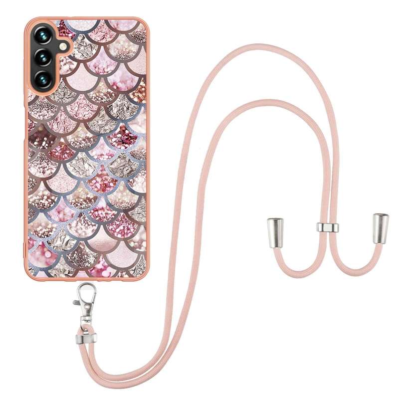 For Samsung Galaxy A34 5G Electroplating IMD TPU Phone Case with Lanyard(Pink Scales)