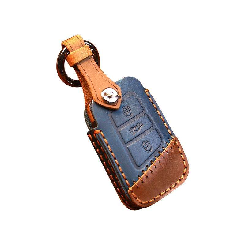 For Volkswagen Car Cowhide Leather Key Protective Cover Key Case, A Version(Blue)