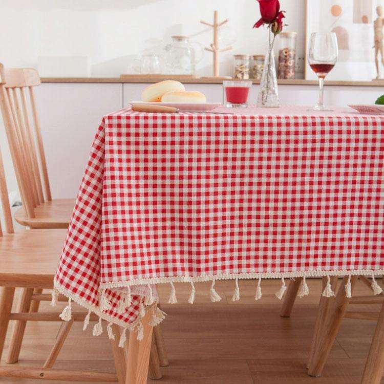 Tassel Lace Daisy Print Cotton Linen Tablecloth, Size:60x60cm(Red Plaid)