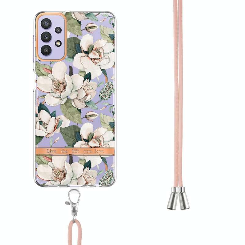 For Samsung Galaxy A32 5G Flowers Series TPU Phone Case with Lanyard(Green Gardenia)