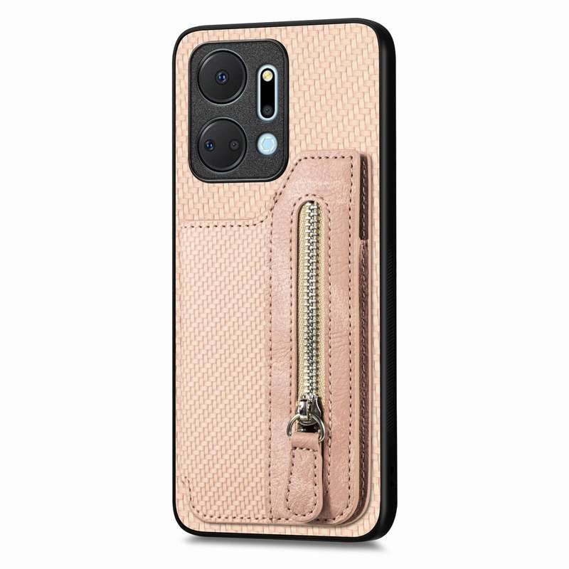 For Honor X7A Carbon Fiber Horizontal Flip Zipper Wallet Phone Case(Khaki)