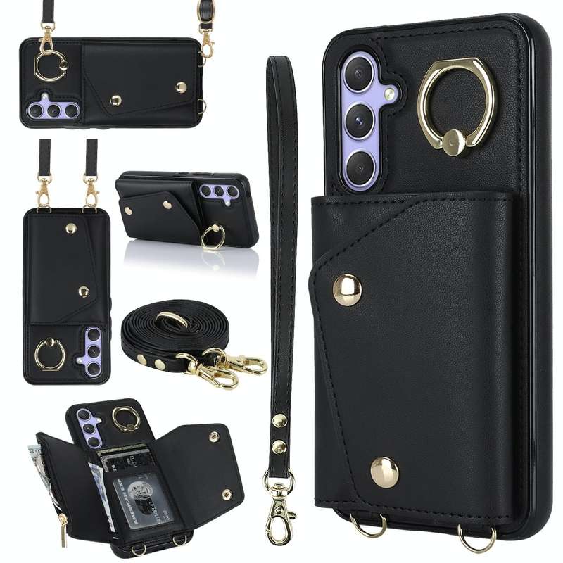 For Samsung Galaxy A54 5G Zipper Card Bag Phone Case with Dual Lanyard(Black)