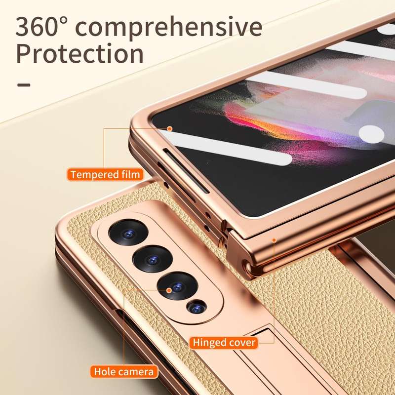 For Samsung Galaxy Z Fold3 5G Litchi Texture Leather Hinged Electroplated Phone Case with S Pen F...