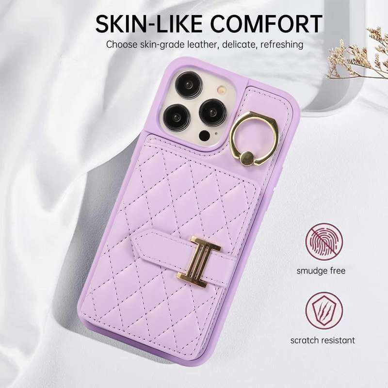 For iPhone 14 Pro Max Horizontal Card Bag Ring Holder Phone Case with Dual Lanyard(Purple)