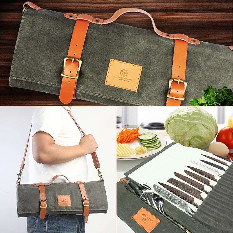 WESSLECO Canvas Roll Chef Knife Storage Bag(Army Green)