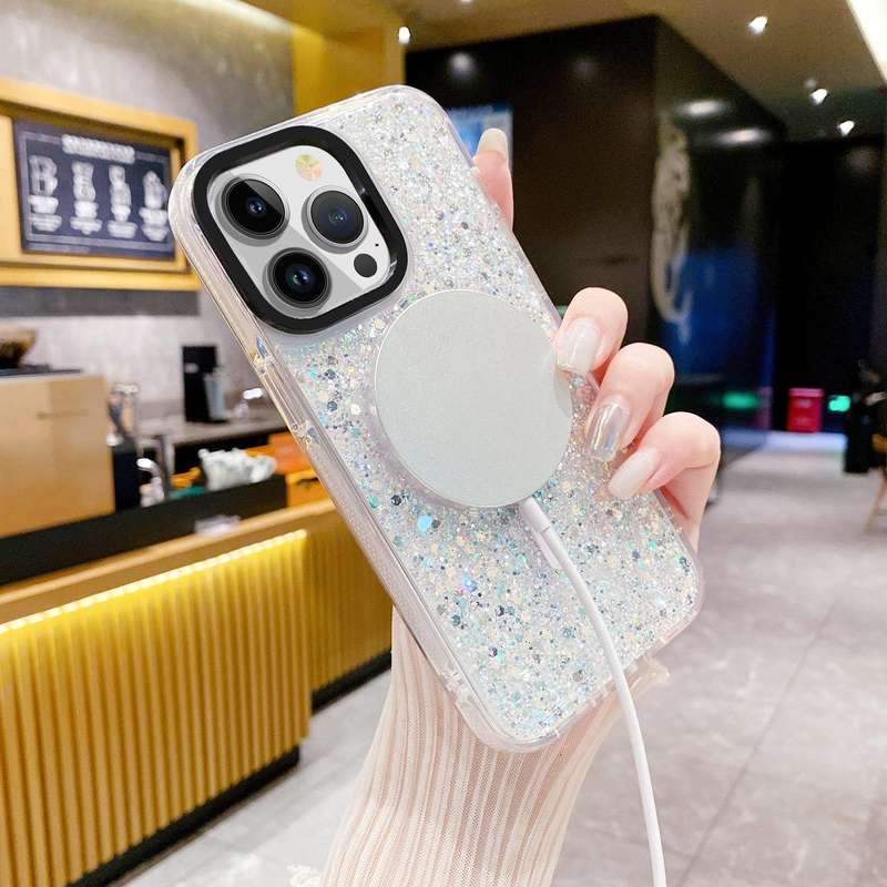 For iPhone 15 Pro Gold Armor MagSafe Glitter Epoxy Phone Case(White)
