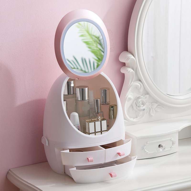 Desktop Dustproof Portable Cosmetic Storage Box With Mirror, Colour: White Mirror With Light