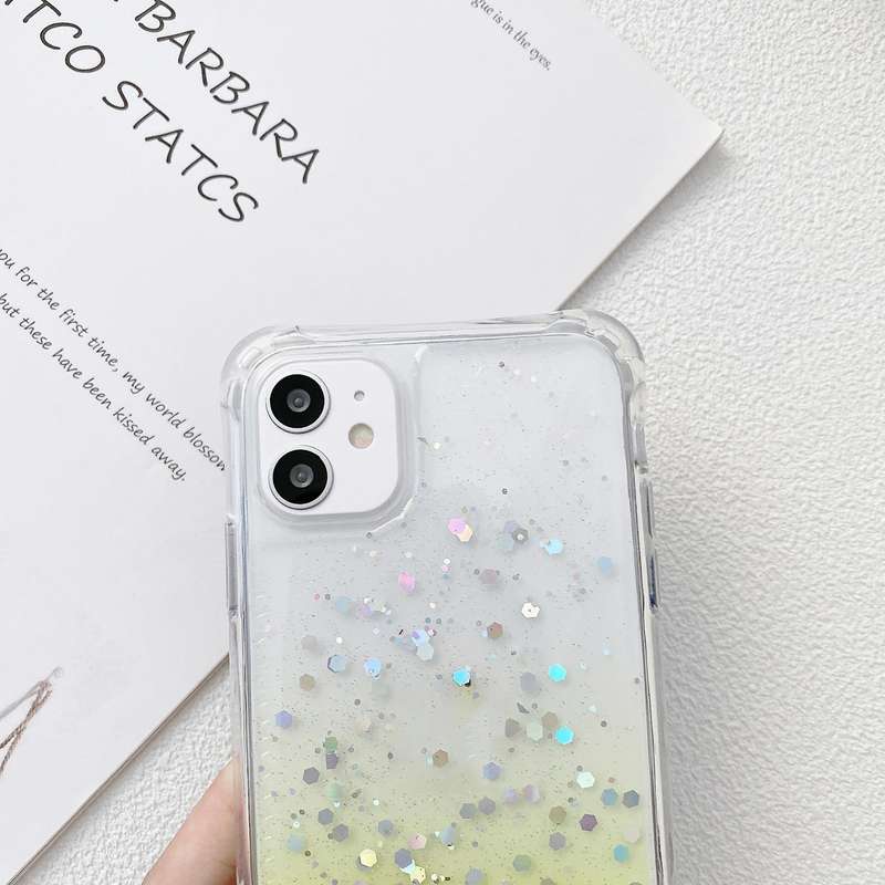 For iPhone 15 Gradient Glitter Epoxy TPU Thickened Acrylic Phone Case with Wide Lanyard(Purple)