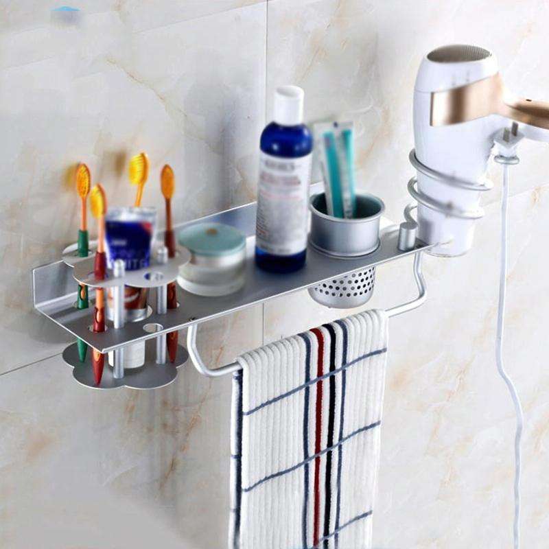 Space Aluminum Golden Hair Dryer Rack With Toothbrush Holder
