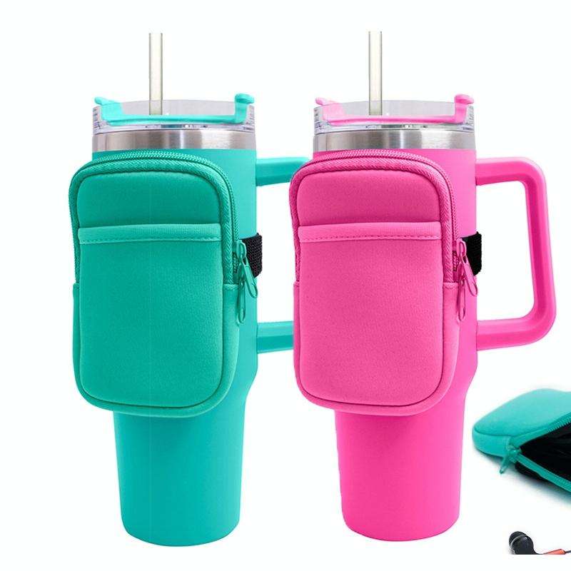Water Cup Sided Storage Pockets With Zipper Fit For 40Oz Tumbler(Double Pocket-Green)