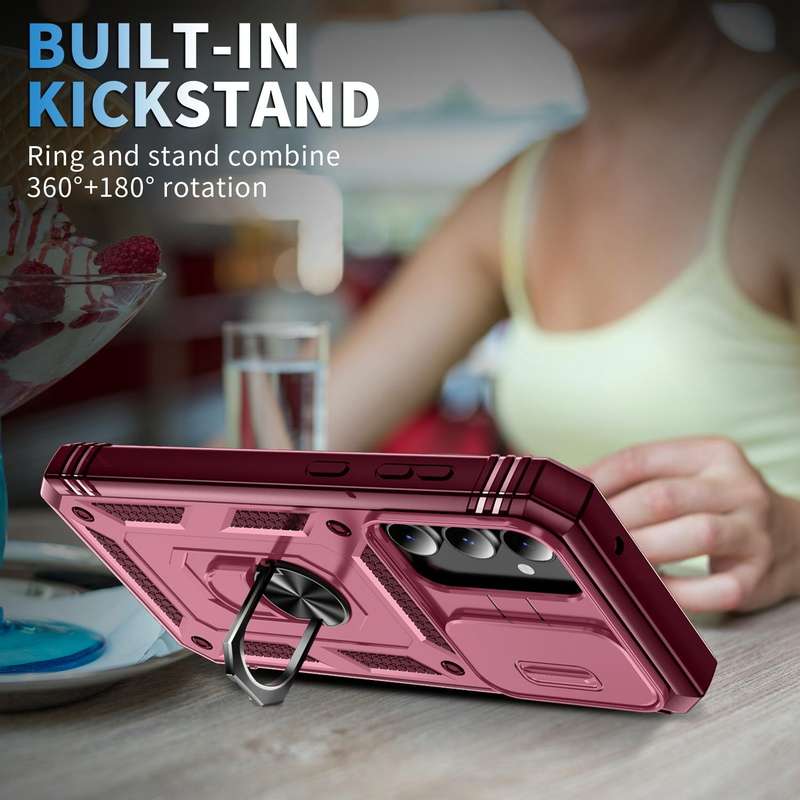 For Samsung Galaxy S23 FE 5G Sliding Camshield TPU + PC Phone Case with Holder(Pink+Rose Red)