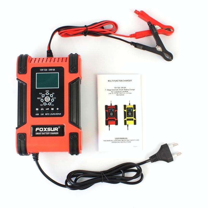 FOXSUR 12A / 12V / 24V Car / Motorcycle 7-stage Lead-acid Battery AGM Charger, Plug Type:US Plug(...