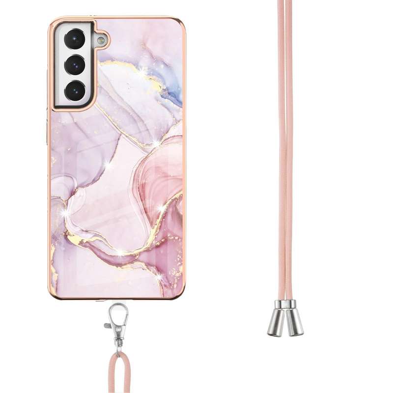 For Samsung Galaxy S21 FE 5G Electroplating Marble Pattern IMD TPU Shockproof Case with Neck Lany...