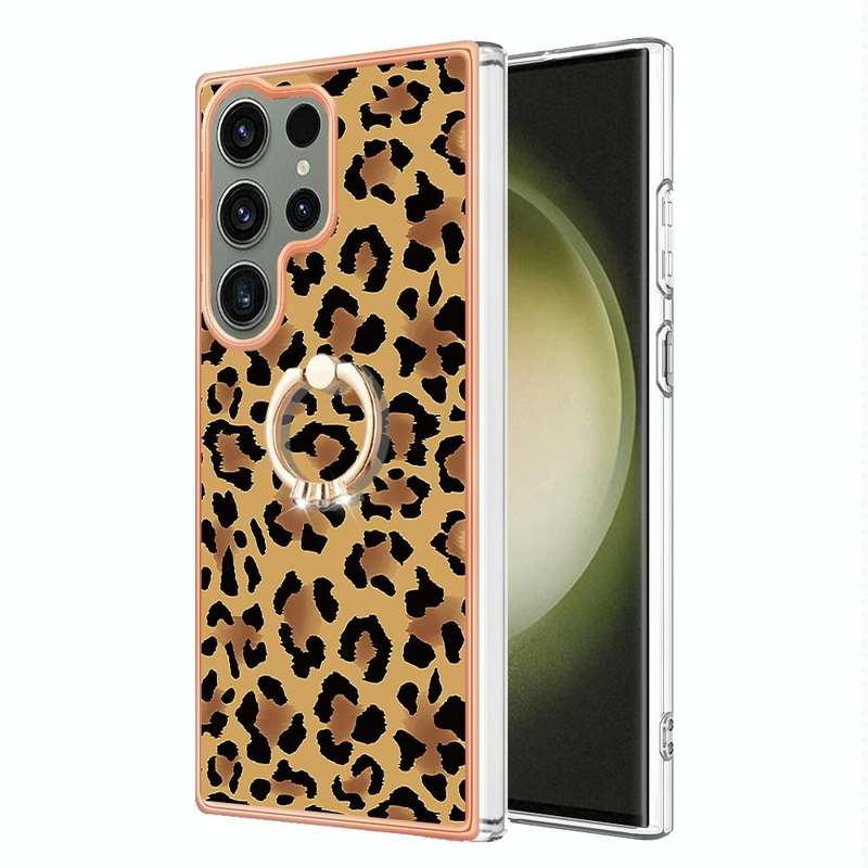 For Samsung Galaxy S23 Ultra 5G Electroplating Dual-side IMD Phone Case with Ring Holder(Leopard ...