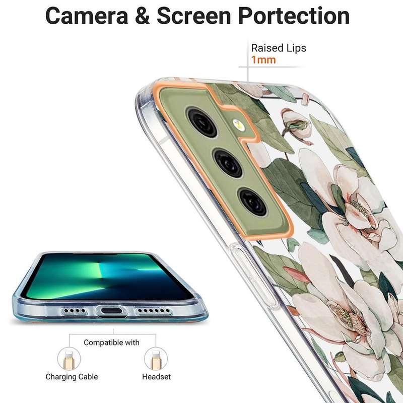 For Samsung Galaxy S21 FE 5G Ring IMD Flowers TPU Phone Case(Green Gardenia)