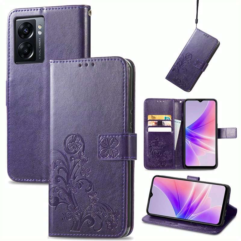 For OPPO A77 Four-leaf Clasp Embossed Buckle Leather Phone Case(Purple)