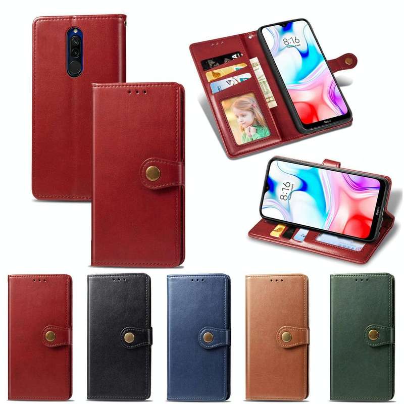 For Xiaomi Redmi 8 Retro Solid Color Leather Buckle Phone Case with Lanyard & Photo Frame & Card ...
