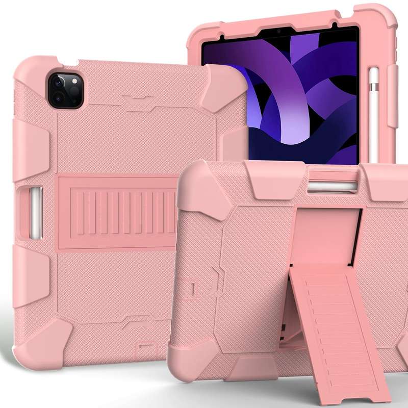 For iPad Air 2022 / 2020 10.9 Shockproof Two-Color Silicone Protective Case with Holder(Rose Gold...